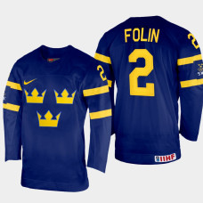 Christian Folin 2022 IIHF World Championship Sweden Hockey Jersey Navy #2 Uniform