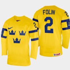 Christian Folin 2022 IIHF World Championship Sweden Hockey Jersey Yellow #2 Uniform