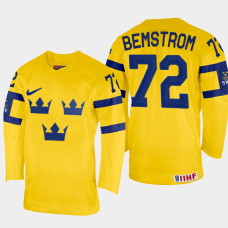 Emil Bemstrom 2022 IIHF World Championship Sweden Hockey Jersey Yellow #72 Uniform