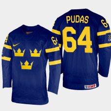 Sweden #64 Jonathan Pudas 2022 IIHF World Championship Navy Away Jersey