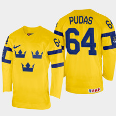 Jonathan Pudas 2022 IIHF World Championship Sweden Hockey Jersey Yellow #64 Uniform