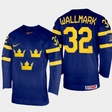 Sweden #32 Lucas Wallmark 2022 IIHF World Championship Navy Away Jersey