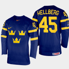 Sweden #45 Magnus Hellberg 2022 IIHF World Championship Navy Away Jersey