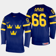 Sweden #66 Nils Aman 2022 IIHF World Championship Navy Away Jersey