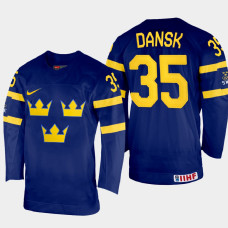 Sweden #35 Oscar Dansk 2022 IIHF World Championship Navy Away Jersey