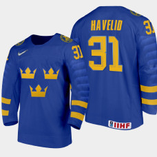 Men's Sweden Hugo Havelid #31 2021 IIHF U18 World Championship Away Blue Jersey