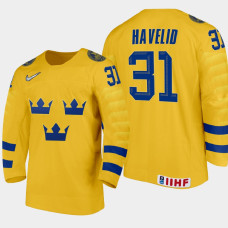 Men's Sweden Hugo Havelid #31 2021 IIHF U18 World Championship Home Gold Jersey