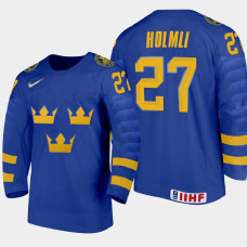 Men's Sweden Joel Holmli #27 2021 IIHF U18 World Championship Away Blue Jersey