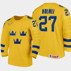 Men's Sweden Joel Holmli #27 2021 IIHF U18 World Championship Home Gold Jersey