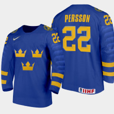 Men's Sweden Ludwig Persson #22 2021 IIHF U18 World Championship Away Blue Jersey