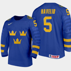 Men's Sweden Mattias Havelid #5 2021 IIHF U18 World Championship Away Blue Jersey