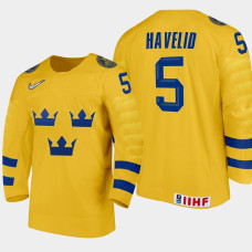 Men's Sweden Mattias Havelid #5 2021 IIHF U18 World Championship Home Gold Jersey