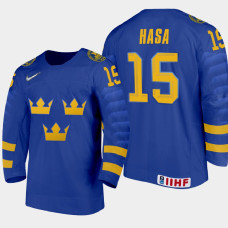 Men's Sweden Noah Hasa #15 2021 IIHF U18 World Championship Away Blue Jersey