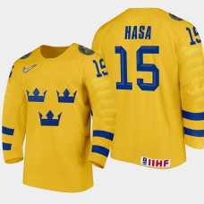 Men's Sweden Noah Hasa #15 2021 IIHF U18 World Championship Home Gold Jersey