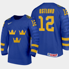 Men's Sweden Noah Ostlund #12 2021 IIHF U18 World Championship Away Blue Jersey