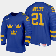 Men's Sweden Oliver Moberg #21 2021 IIHF U18 World Championship Away Blue Jersey