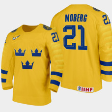 Men's Sweden Oliver Moberg #21 2021 IIHF U18 World Championship Home Gold Jersey