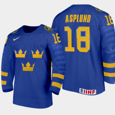 Men's Sweden Oskar Asplund #18 2021 IIHF U18 World Championship Away Blue Jersey