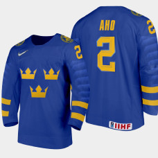 Men's Sweden Simon Aho #2 2021 IIHF U18 World Championship Away Blue Jersey