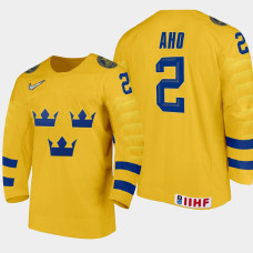 Men's Sweden Simon Aho #2 2021 IIHF U18 World Championship Home Gold Jersey