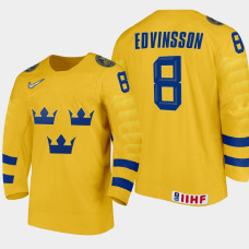 Men's Sweden Simon Edvinsson #8 2021 IIHF U18 World Championship Home Gold Jersey