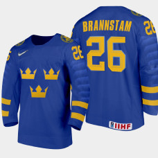 Men Sweden Team Alex Brannstam #26 2021 IIHF World Junior Championship Away Blue Jersey