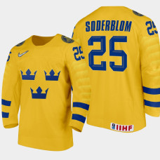 Men Sweden Team Elmer Soderblom #25 2021 IIHF World Junior Championship Home Gold Jersey