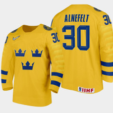 Men Sweden Team Hugo Alnefelt #30 2021 IIHF World Junior Championship Home Gold Jersey