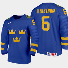 Men Sweden Team Ludvig Hedstrom #6 2021 IIHF World Junior Championship Away Blue Jersey