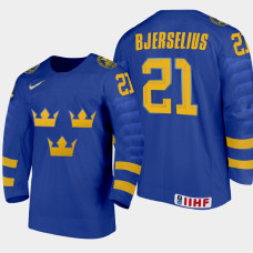 Men Sweden Team Oscar Bjerselius #21 2021 IIHF World Junior Championship Away Blue Jersey