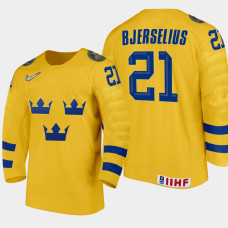 Men Sweden Team Oscar Bjerselius #21 2021 IIHF World Junior Championship Home Gold Jersey