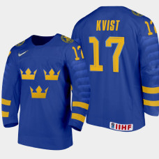 Men Sweden Team Oskar Kvist #17 2021 IIHF World Junior Championship Away Blue Jersey