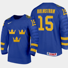 Men Sweden Team Simon Holmstrom #15 2021 IIHF World Junior Championship Away Blue Jersey