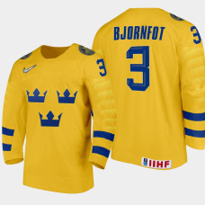 Men Sweden Team Tobias Bjornfot #3 2021 IIHF World Junior Championship Home Gold Jersey