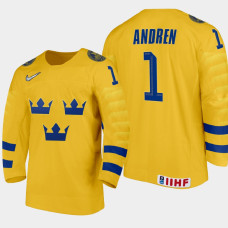 Men's Sweden Viggo Andren #1 2021 IIHF U18 World Championship Home Gold Jersey