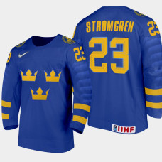 Men's Sweden William Stromgren #23 2021 IIHF U18 World Championship Away Blue Jersey