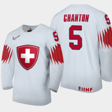 Men Switzerland Giancarlo Chanton #5 2021 IIHF World Junior Championship Home White Jersey