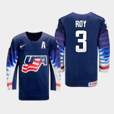 Men's USA Team Matt Roy #3 2021 IIHF World Championship Away Navy Jersey