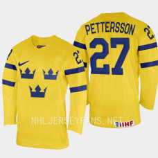 Sweden #27 Oskar Pettersson 2023 IIHF World Junior Championship Yellow Home Jersey