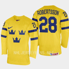 Sweden #28 Simon Robertsson 2023 IIHF World Junior Championship Yellow Home Jersey