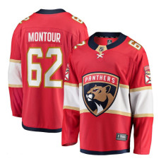 Men's Florida Panthers Montour,Brandon - 62 Red Home Breakaway Replica Jersey with 2024 Stanley Cup Champions patch