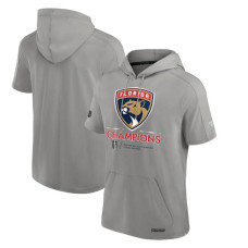 Men's Florida Panthers Fanatics Gray 2024 Stanley Cup Champions Authentic Pro Fleece Short Sleeve Pullover Hoodie