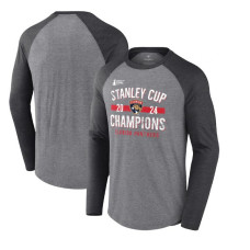 Men's Florida Panthers Fanatics Heather Gray 2024 Stanley Cup Champions Throwback Tri-Blend Raglan Long Sleeve T-Shirt