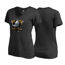 Women's Anaheim Ducks Black V-neck Midnight Mascot Team T-shirt