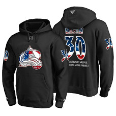 Colorado Avalanche #30 Spencer Martin Banner Wave USA Flag with Message Black Hoodie