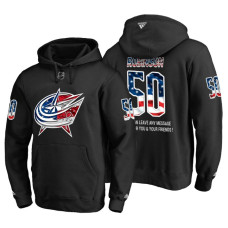 Columbus Blue Jackets #50 Eric Robinson Banner Wave USA Flag with Message Black Hoodie