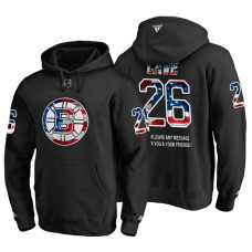 Boston Bruins #26 Colby Cave Banner Wave USA Flag with Message Black Hoodie