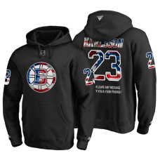 Boston Bruins #23 Jakob Forsbacka-Karlsson Banner Wave USA Flag with Message Black Hoodie