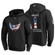 Washington Capitals #1 Pheonix Copley Banner Wave USA Flag with Message Black Hoodie