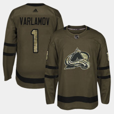 Colorado Avalanche #1 Camo Salute To Service Semyon Varlamov With Jersey 2022 Stanley Cup Champions Patch